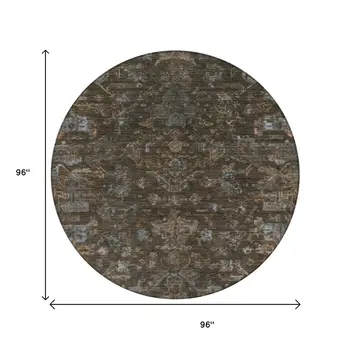 8' Chocolate And Gray Round Medallion Washable Indoor Outdoor Area Rug