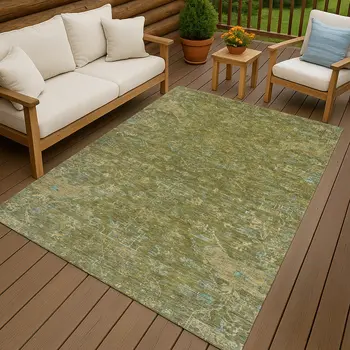 5' X 8' Fern Green And Blue Medallion Washable Indoor Outdoor Area Rug
