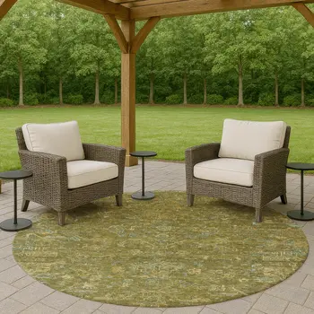 8' Fern Green And Blue Round Medallion Washable Indoor Outdoor Area Rug
