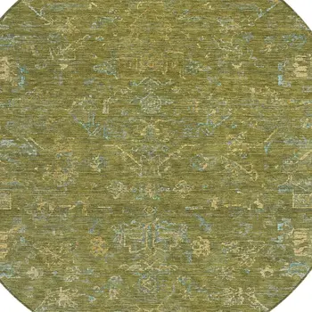 8' Fern Green And Blue Round Medallion Washable Indoor Outdoor Area Rug