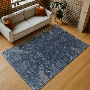 3' X 5' Navy Blue And Gray Medallion Washable Indoor Outdoor Area Rug