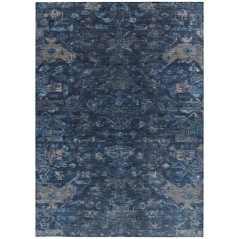 5' X 8' Navy Blue And Gray Medallion Washable Indoor Outdoor Area Rug