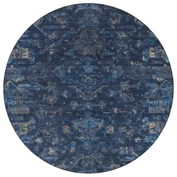 8' Navy Blue And Gray Round Medallion Washable Indoor Outdoor Area Rug
