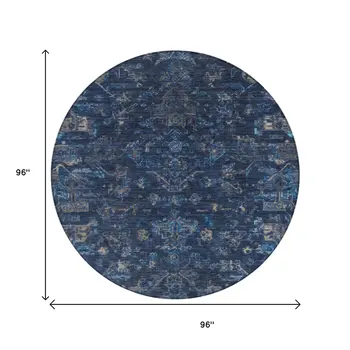 8' Navy Blue And Gray Round Medallion Washable Indoor Outdoor Area Rug