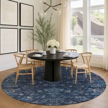8' Navy Blue And Gray Round Medallion Washable Indoor Outdoor Area Rug
