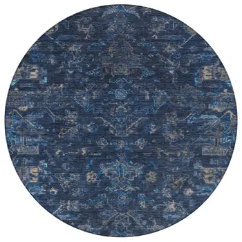 8' Navy Blue And Gray Round Medallion Washable Indoor Outdoor Area Rug