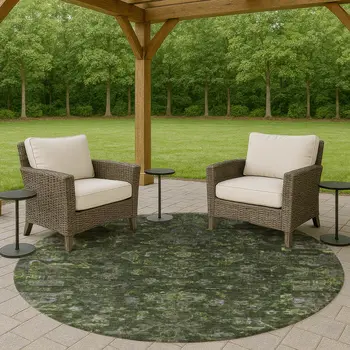 8' Olive Green And Gray Round Medallion Washable Indoor Outdoor Area Rug