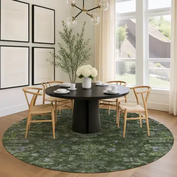 8' Olive Green And Gray Round Medallion Washable Indoor Outdoor Area Rug