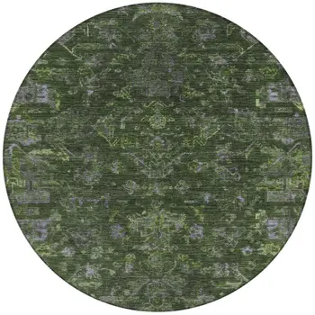 8' Olive Green And Gray Round Medallion Washable Indoor Outdoor Area Rug