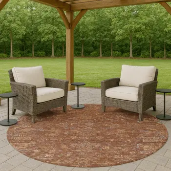 8' Chili Red And Copper Round Medallion Washable Indoor Outdoor Area Rug