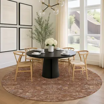 8' Chili Red And Copper Round Medallion Washable Indoor Outdoor Area Rug