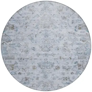 8' Sky Blue And Ivory Round Medallion Washable Indoor Outdoor Area Rug