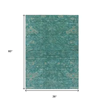 3' X 5' Teal Blue And Artichoke Green Medallion Washable Indoor Outdoor Area Rug