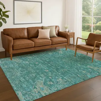 3' X 5' Teal Blue And Artichoke Green Medallion Washable Indoor Outdoor Area Rug