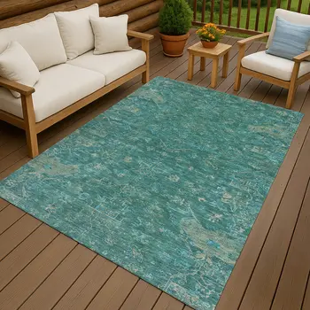 3' X 5' Teal Blue And Artichoke Green Medallion Washable Indoor Outdoor Area Rug