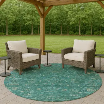 8' Teal Blue And Artichoke Green Round Medallion Washable Indoor Outdoor Area Rug