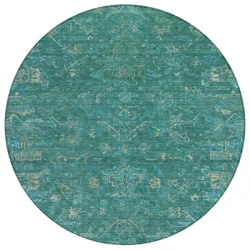 8' Teal Blue And Artichoke Green Round Medallion Washable Indoor Outdoor Area Rug
