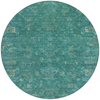 8' Teal Blue And Artichoke Green Round Medallion Washable Indoor Outdoor Area Rug