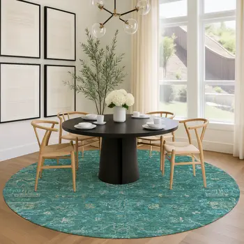 8' Teal Blue And Artichoke Green Round Medallion Washable Indoor Outdoor Area Rug