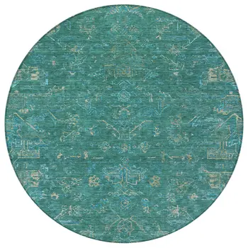 8' Teal Blue And Artichoke Green Round Medallion Washable Indoor Outdoor Area Rug