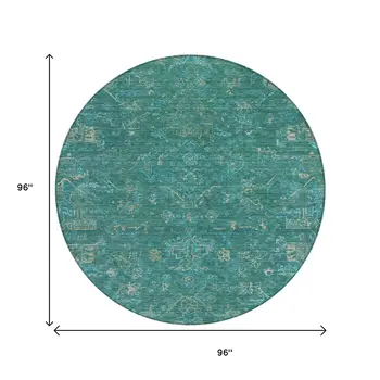 8' Teal Blue And Artichoke Green Round Medallion Washable Indoor Outdoor Area Rug