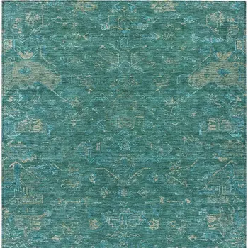 9' X 12' Teal Blue And Artichoke Green Medallion Washable Indoor Outdoor Area Rug