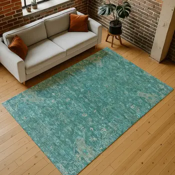 9' X 12' Teal Blue And Artichoke Green Medallion Washable Indoor Outdoor Area Rug
