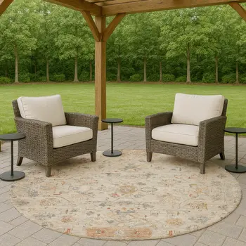 8' Beige And Gray Round Tribal Washable Indoor Outdoor Area Rug