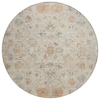8' Beige And Gray Round Tribal Washable Indoor Outdoor Area Rug