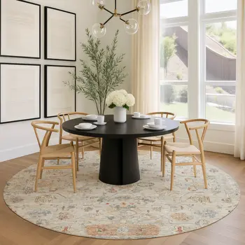 8' Beige And Gray Round Tribal Washable Indoor Outdoor Area Rug