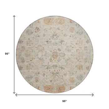 8' Beige And Gray Round Tribal Washable Indoor Outdoor Area Rug