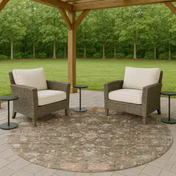 8' Brown And Gray Round Tribal Washable Indoor Outdoor Area Rug