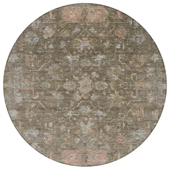 8' Brown And Gray Round Tribal Washable Indoor Outdoor Area Rug