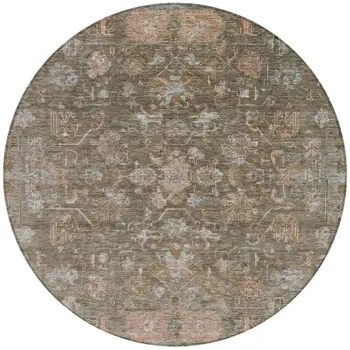 8' Brown And Gray Round Tribal Washable Indoor Outdoor Area Rug
