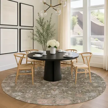 8' Brown And Gray Round Tribal Washable Indoor Outdoor Area Rug