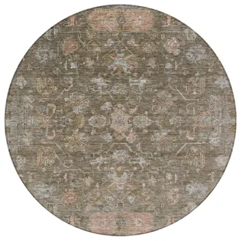 8' Brown And Gray Round Tribal Washable Indoor Outdoor Area Rug