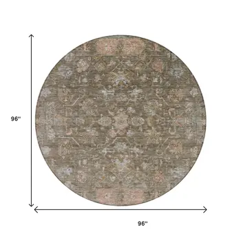8' Brown And Gray Round Tribal Washable Indoor Outdoor Area Rug