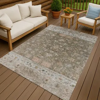 10' X 14' Brown And Gray Tribal Washable Indoor Outdoor Area Rug