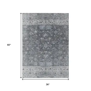 3' X 5' Gray And Silver Tribal Washable Indoor Outdoor Area Rug