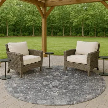 8' Gray And Silver Round Tribal Washable Indoor Outdoor Area Rug