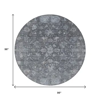 8' Gray And Silver Round Tribal Washable Indoor Outdoor Area Rug
