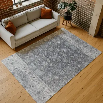 8' X 10' Gray And Silver Tribal Washable Indoor Outdoor Area Rug