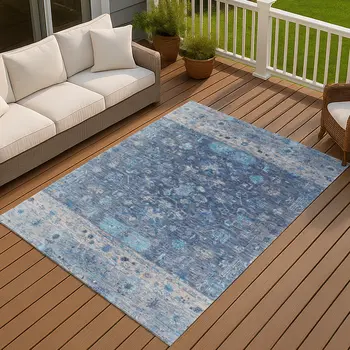 5' X 8' Navy Blue And Gray Tribal Washable Indoor Outdoor Area Rug