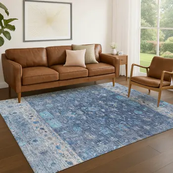5' X 8' Navy Blue And Gray Tribal Washable Indoor Outdoor Area Rug