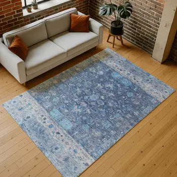 5' X 8' Navy Blue And Gray Tribal Washable Indoor Outdoor Area Rug