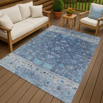 5' X 8' Navy Blue And Gray Tribal Washable Indoor Outdoor Area Rug