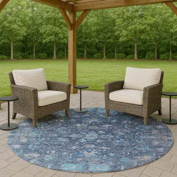 8' Navy Blue And Gray Round Tribal Washable Indoor Outdoor Area Rug
