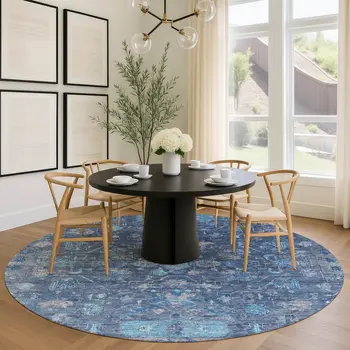 8' Navy Blue And Gray Round Tribal Washable Indoor Outdoor Area Rug