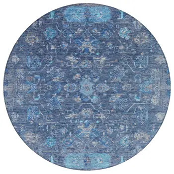 8' Navy Blue And Gray Round Tribal Washable Indoor Outdoor Area Rug