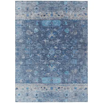 8' X 10' Navy Blue And Gray Tribal Washable Indoor Outdoor Area Rug
